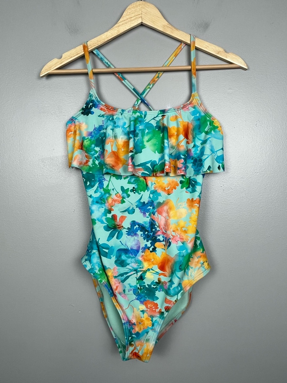 Athleta Girl Lumen Floral ruffle trim one piece swimsuit, XXL/16.